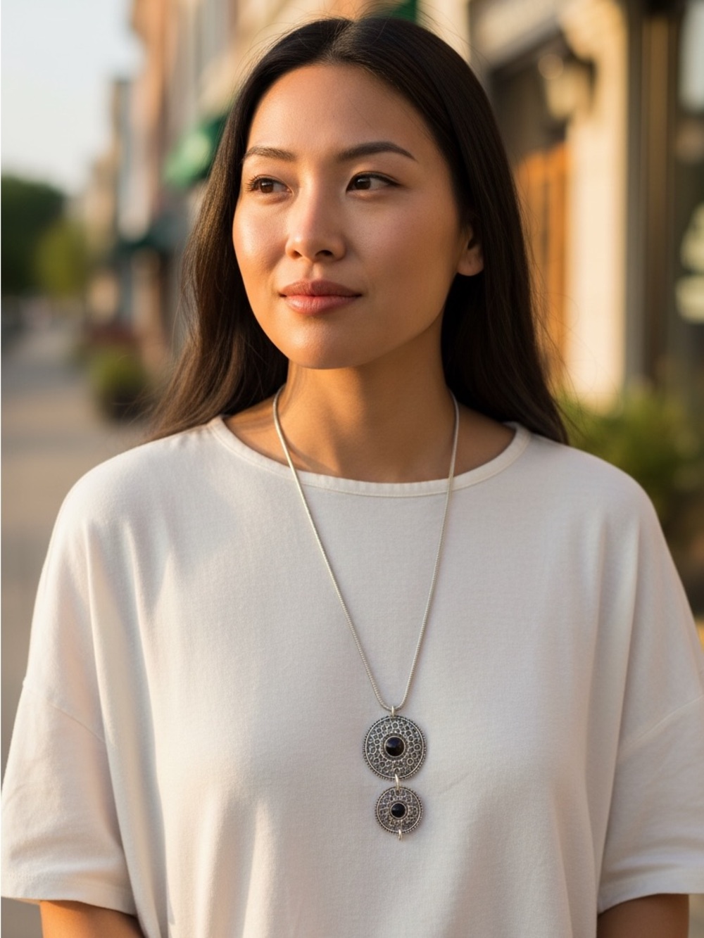 Silver Tone Double Disc Pendant Necklace